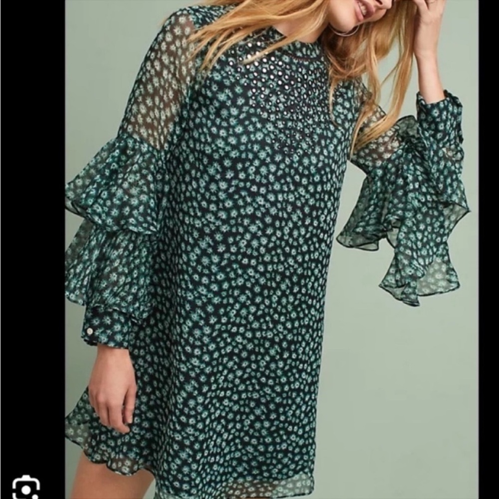 Anthropologie Green and White Ranna Gill Fluttered Tunic Shift Dress